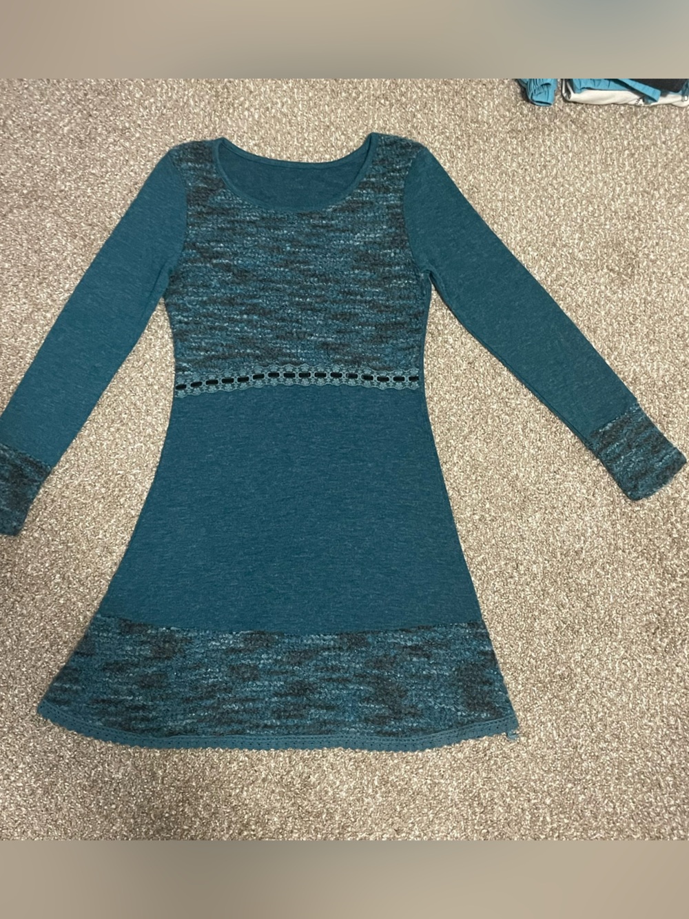Teal Long-Sleeve Knit Dress with Textured Trim